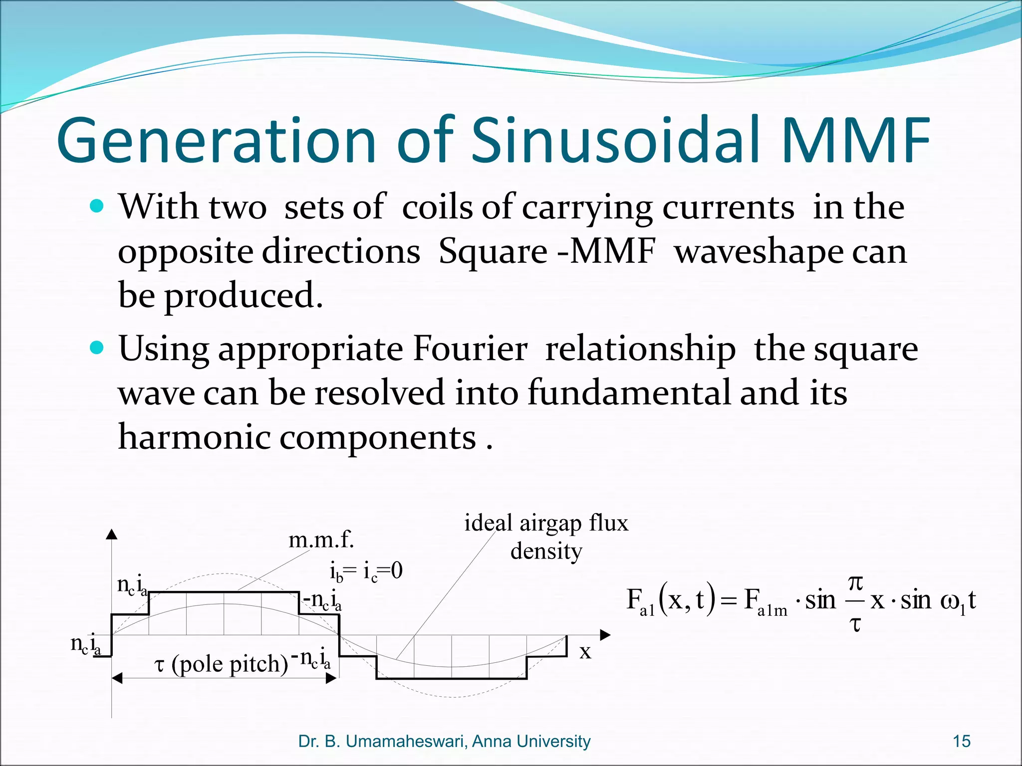 Generation of Sinusoidal MMF
  t
sin
x
sin
F
t
,
x
F 1
m
1
a
1
a 





15
Dr. B. Umamaheswari, Anna University
 With two sets of coils of carrying currents in the
opposite directions Square -MMF waveshape can
be produced.
 Using appropriate Fourier relationship the square
wave can be resolved into fundamental and its
harmonic components .
 