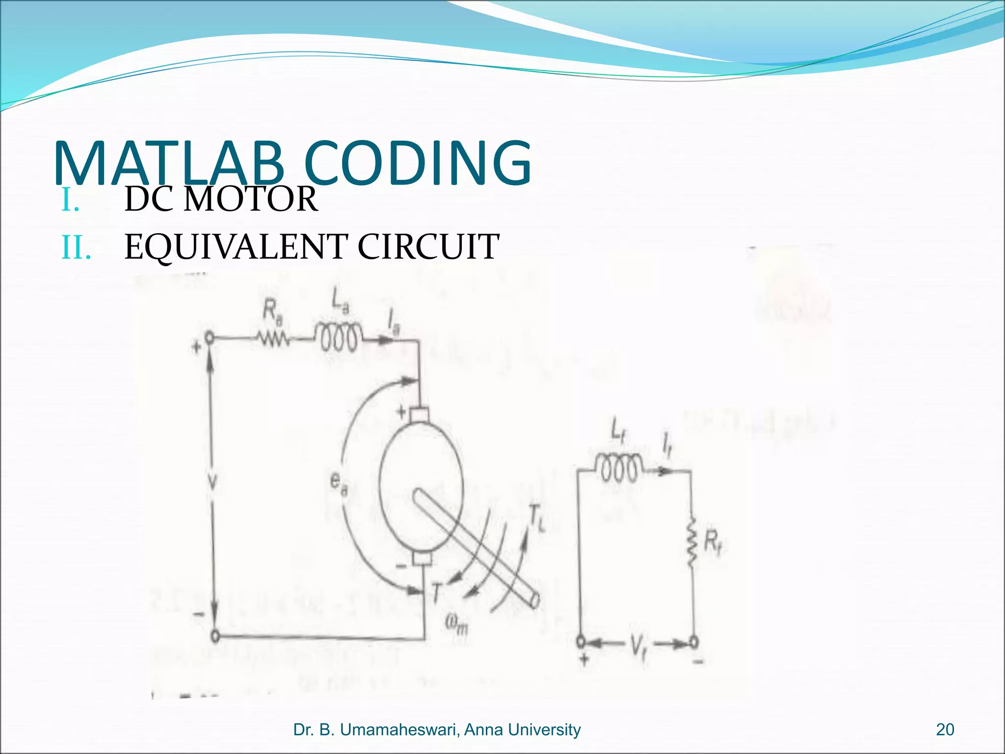 MATLAB CODING
I. DC MOTOR
II. EQUIVALENT CIRCUIT
20
Dr. B. Umamaheswari, Anna University
 