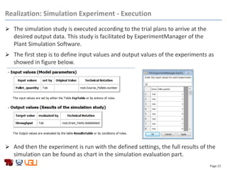 Page 22
Realization: Simulation Experiment - Execution
 The simulation study is executed according to the trial plans to arrive at the
desired output data. This study is facilitated by ExperimentManager of the
Plant Simulation Software.
 The first step is to define input values and output values of the experiments as
showed in figure below.
 And then the experiment is run with the defined settings, the full results of the
simulation can be found as chart in the simulation evaluation part.
 