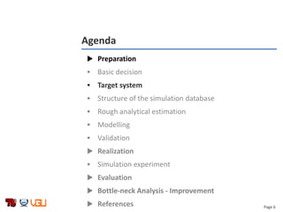 Page 6
Agenda
 Preparation
 Basic decision
 Target system
 Structure of the simulation database
 Rough analytical estimation
 Modelling
 Validation
 Realization
 Simulation experiment
 Evaluation
 Bottle-neck Analysis - Improvement
 References
 