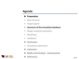 Page 8
Agenda
 Preparation
 Basic decision
 Target system
 Structure of the simulation database
 Rough analytical estimation
 Modelling
 Validation
 Realization
 Simulation experiment
 Evaluation
 Bottle-neck Analysis - Improvement
 References
 