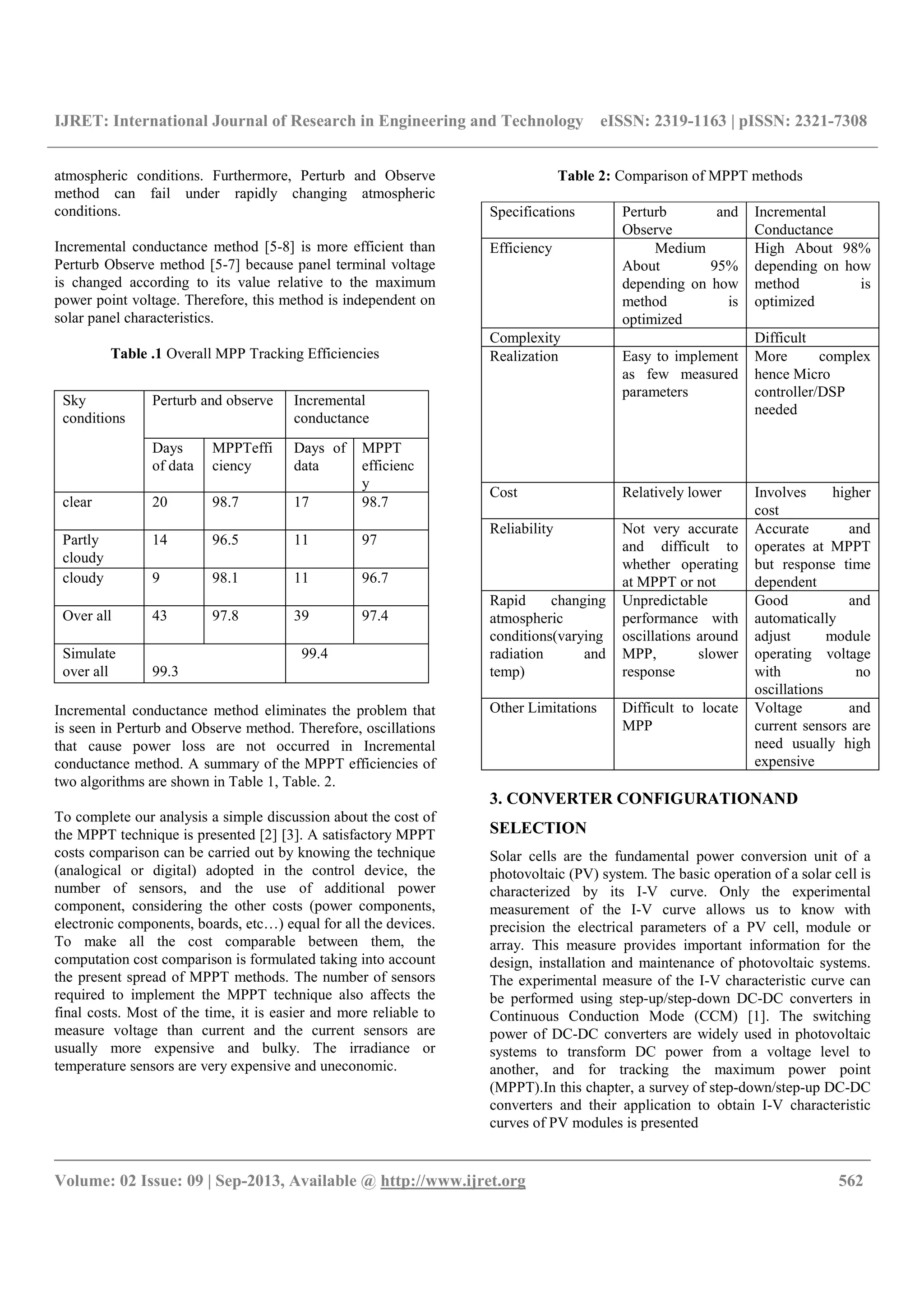 IJRET: International Journal of Research in Engineering and Technology eISSN: 2319-1163 | pISSN: 2321-7308
__________________________________________________________________________________________
Volume: 02 Issue: 09 | Sep-2013, Available @ http://www.ijret.org 562
atmospheric conditions. Furthermore, Perturb and Observe
method can fail under rapidly changing atmospheric
conditions.
Incremental conductance method [5-8] is more efficient than
Perturb Observe method [5-7] because panel terminal voltage
is changed according to its value relative to the maximum
power point voltage. Therefore, this method is independent on
solar panel characteristics.
Table .1 Overall MPP Tracking Efficiencies
Incremental conductance method eliminates the problem that
is seen in Perturb and Observe method. Therefore, oscillations
that cause power loss are not occurred in Incremental
conductance method. A summary of the MPPT efficiencies of
two algorithms are shown in Table 1, Table. 2.
To complete our analysis a simple discussion about the cost of
the MPPT technique is presented [2] [3]. A satisfactory MPPT
costs comparison can be carried out by knowing the technique
(analogical or digital) adopted in the control device, the
number of sensors, and the use of additional power
component, considering the other costs (power components,
electronic components, boards, etc…) equal for all the devices.
To make all the cost comparable between them, the
computation cost comparison is formulated taking into account
the present spread of MPPT methods. The number of sensors
required to implement the MPPT technique also affects the
final costs. Most of the time, it is easier and more reliable to
measure voltage than current and the current sensors are
usually more expensive and bulky. The irradiance or
temperature sensors are very expensive and uneconomic.
Table 2: Comparison of MPPT methods
Specifications Perturb and
Observe
Incremental
Conductance
Efficiency Medium
About 95%
depending on how
method is
optimized
High About 98%
depending on how
method is
optimized
Complexity Difficult
Realization Easy to implement
as few measured
parameters
More complex
hence Micro
controller/DSP
needed
Cost Relatively lower Involves higher
cost
Reliability Not very accurate
and difficult to
whether operating
at MPPT or not
Accurate and
operates at MPPT
but response time
dependent
Rapid changing
atmospheric
conditions(varying
radiation and
temp)
Unpredictable
performance with
oscillations around
MPP, slower
response
Good and
automatically
adjust module
operating voltage
with no
oscillations
Other Limitations Difficult to locate
MPP
Voltage and
current sensors are
need usually high
expensive
3. CONVERTER CONFIGURATIONAND
SELECTION
Solar cells are the fundamental power conversion unit of a
photovoltaic (PV) system. The basic operation of a solar cell is
characterized by its I-V curve. Only the experimental
measurement of the I-V curve allows us to know with
precision the electrical parameters of a PV cell, module or
array. This measure provides important information for the
design, installation and maintenance of photovoltaic systems.
The experimental measure of the I-V characteristic curve can
be performed using step-up/step-down DC-DC converters in
Continuous Conduction Mode (CCM) [1]. The switching
power of DC-DC converters are widely used in photovoltaic
systems to transform DC power from a voltage level to
another, and for tracking the maximum power point
(MPPT).In this chapter, a survey of step-down/step-up DC-DC
converters and their application to obtain I-V characteristic
curves of PV modules is presented
Sky
conditions
Perturb and observe Incremental
conductance
Days
of data
MPPTeffi
ciency
Days of
data
MPPT
efficienc
y
clear 20 98.7 17 98.7
Partly
cloudy
14 96.5 11 97
cloudy 9 98.1 11 96.7
Over all 43 97.8 39 97.4
Simulate
over all 99.3
99.4
 