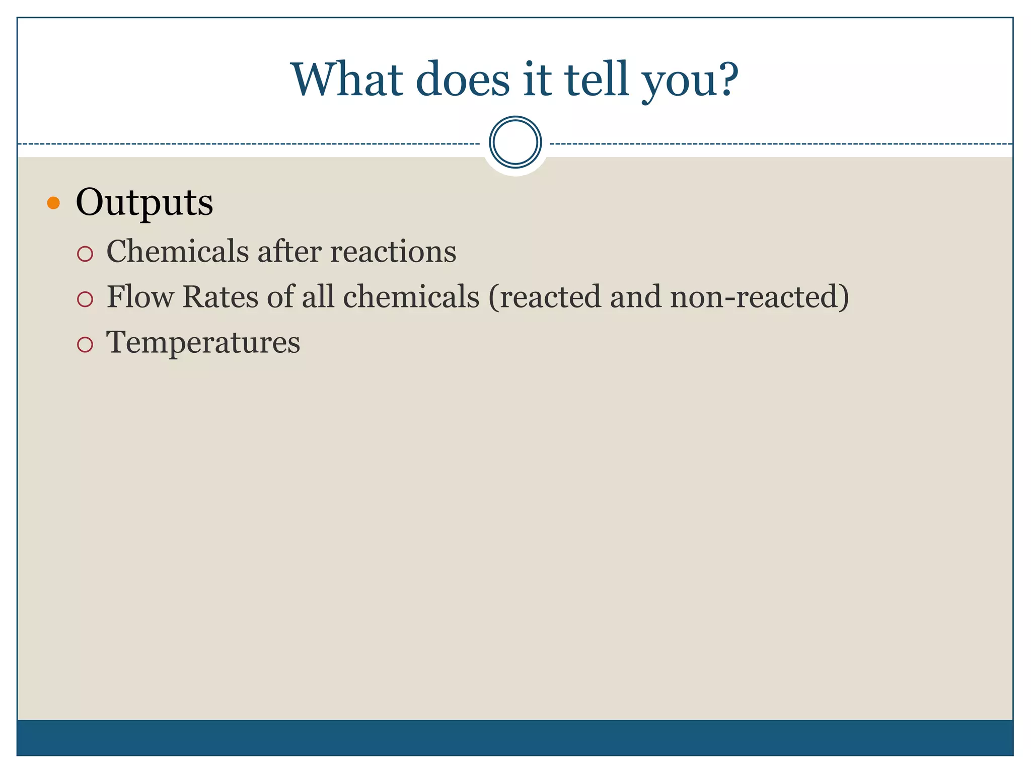 What does it tell you?OutputsChemicals after reactionsFlow Rates of all chemicals (reacted and non-reacted)Temperatures
