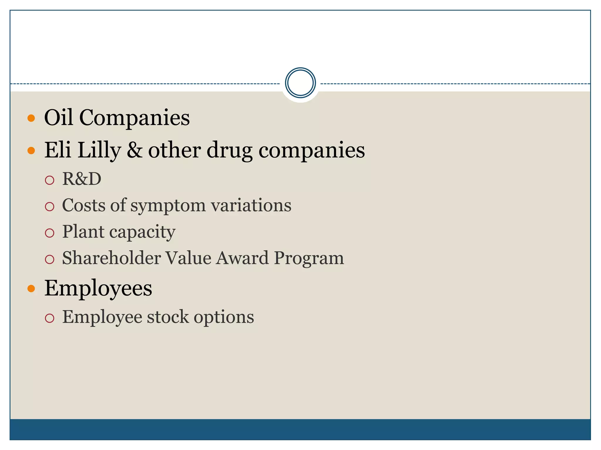 Oil CompaniesEli Lilly & other drug companiesR&DCosts of symptom variationsPlant capacityShareholder Value Award ProgramEmployeesEmployee stock options