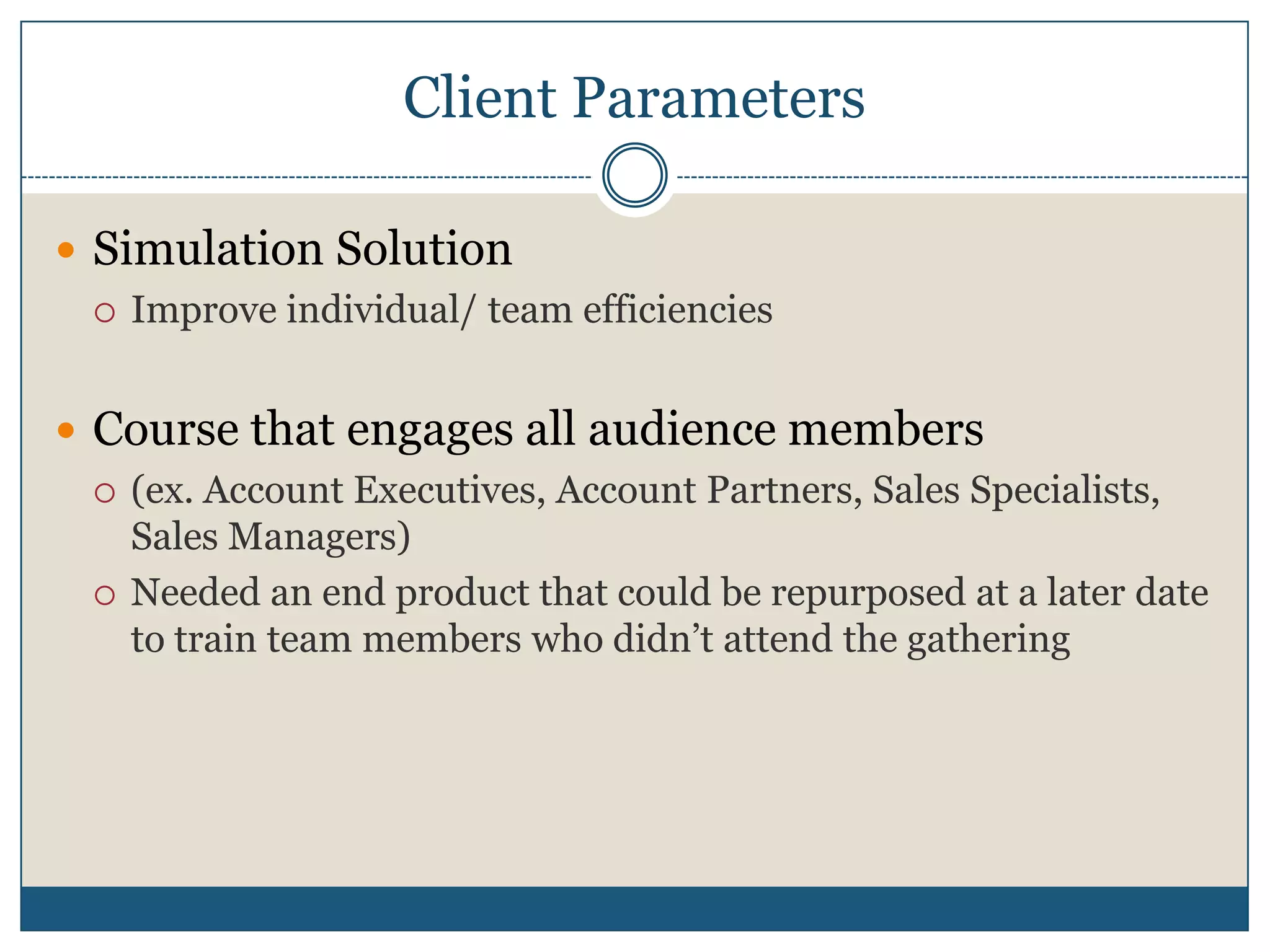 Client ParametersSimulation Solution Improve individual/ team efficienciesCourse that engages all audience members(ex. Account Executives, Account Partners, Sales Specialists, Sales Managers)Needed an end product that could be repurposed at a later date to train team members who didn’t attend the gathering