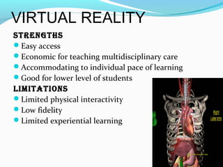 VIRTUAL REALITY
StrengthS
Easy access
Economic for teaching multidisciplinary care
Accommodating to individual pace of learning
Good for lower level of students
LimitationS
Limited physical interactivity
Low fidelity
Limited experiential learning
 