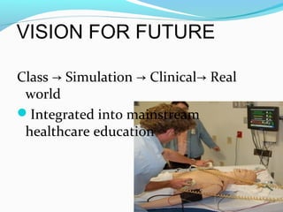 VISION FOR FUTURE
Class → Simulation C→ linical→ Real
world
Integrated into mainstream
healthcare education
 