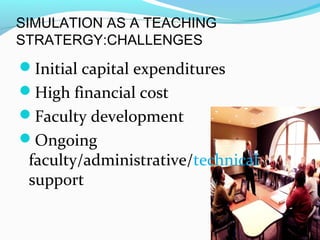 SIMULATION AS A TEACHING
STRATERGY:CHALLENGES
Initial capital expenditures
High financial cost
Faculty development
Ongoing
faculty/administrative/technical
support
 