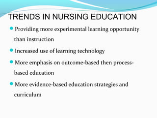 TRENDS IN NURSING EDUCATION
Providing more experimental learning opportunity
than instruction
Increased use of learning technology
More emphasis on outcome-based then process-
based education
More evidence-based education strategies and
curriculum
 