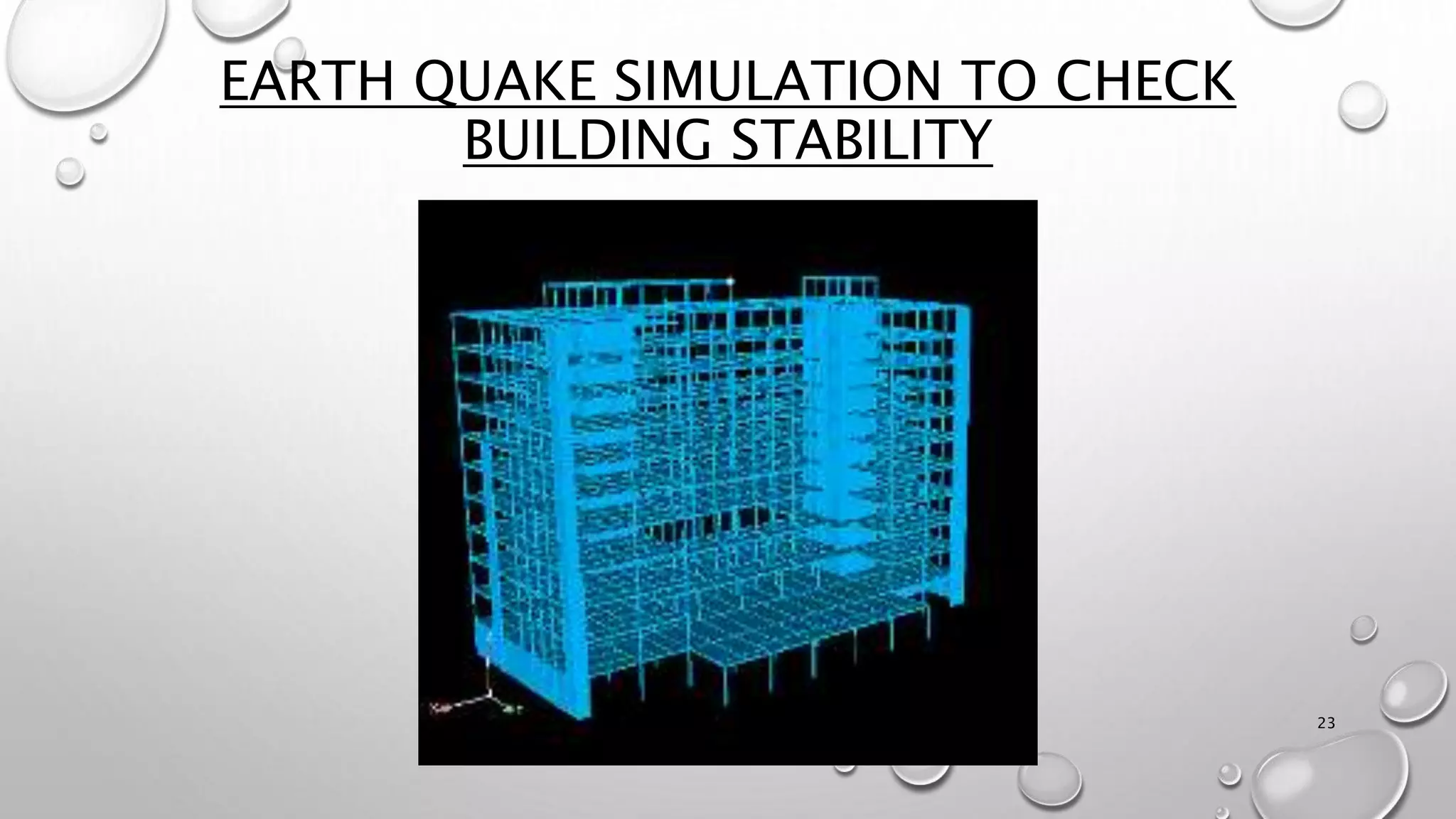 EARTH QUAKE SIMULATION TO CHECK
BUILDING STABILITY
23
 