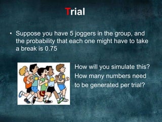 What they meanTrialUsually the situation you are simulating will be more complicated than just one isolated event.For example, you might be trying to simulate a group of joggers and whether they are likely to have to take a break for one of their members.