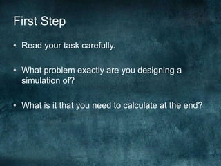 First StepRead your task carefully. What problem exactly are you designing a simulation of?What is it that you need to calculate at the end?