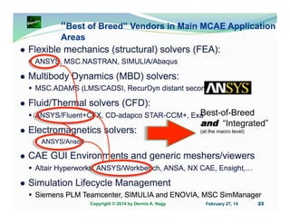 “Best of Breed” Vendors in Main MCAE Application
Areas

Flexible mechanics (structural) solvers (FEA):
ANSYS, MSC.NASTRAN, SIMULIA/Abaqus

Multibody Dynamics (MBD) solvers:
MSC.ADAMS (LMS/CADSI, RecurDyn distant seconds)

Fluid/Thermal solvers (CFD):

Best-of-Breed
ANSYS/Fluent+CFX, CD-adapco STAR-CCM+, Exa

Electromagnetics solvers:

and “Integrated”
(at the macro level)

ANSYS/Ansoft

CAE GUI Environments and generic meshers/viewers
Altair Hyperworks, ANSYS/Workbench, ANSA, NX CAE, Ensight,…

Simulation Lifecycle Management
Siemens PLM Teamcenter, SIMULIA and ENOVIA, MSC SimManager
Copyright © 2014 by Dennis A. Nagy

February 27, 14

23

 