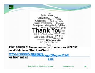 PDF copies of these slides (with active hyperlinks)
available from TheUberCloud:
www.TheUberCloud.com
Dennis.Nagy@BeyondCAE.
or from me at:
com
Copyright © 2014 by Dennis A. Nagy

February 27, 14

29

 