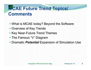 MCAE Future Trend Topics/
Comments
What is MCAE today? Beyond the Software
Overview of Key Trends
Key Near-Future Trend Themes
The Famous “V” Diagram
Dramatic Potential Expansion of Simulation Use

Copyright © 2014 by Dennis A. Nagy

February 27, 14

3

 