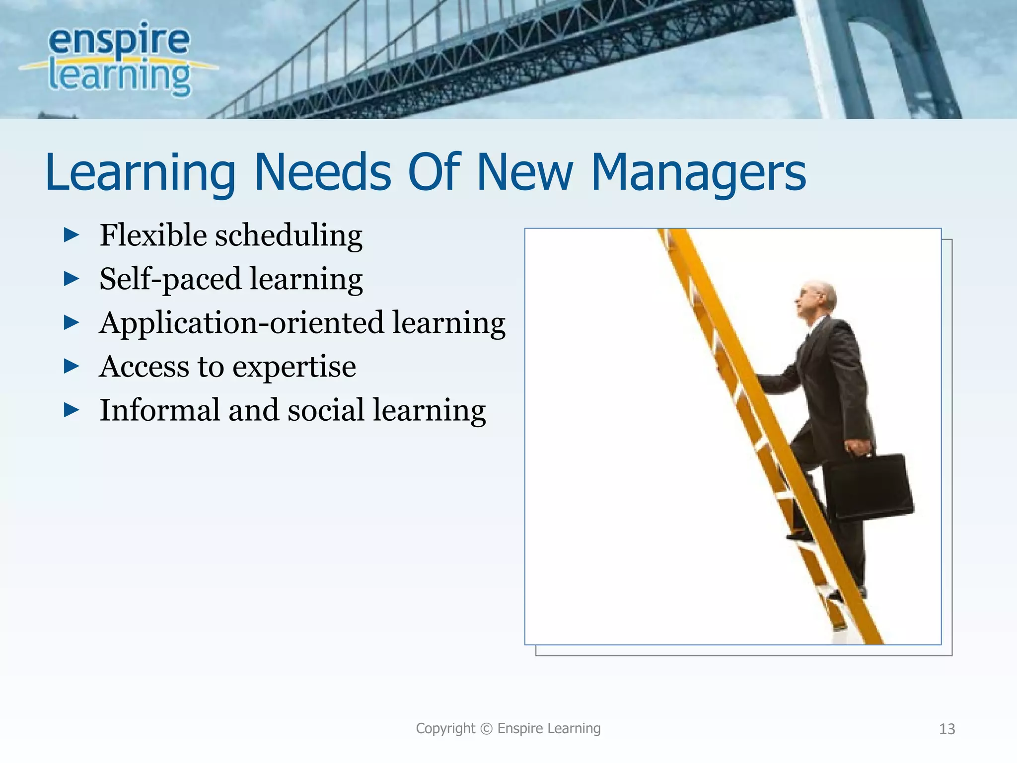 Learning Needs Of New Managers Flexible scheduling Self-paced learning Application-oriented learning Access to expertise Informal and social learning Copyright © Enspire Learning 