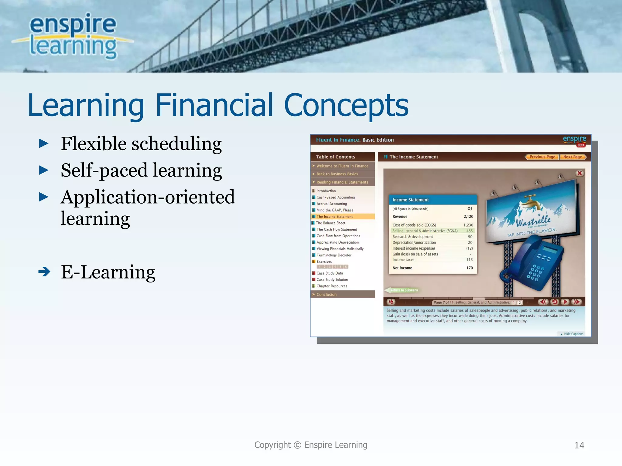 Learning Financial Concepts Flexible scheduling Self-paced learning Application-oriented learning E-Learning Copyright © Enspire Learning 