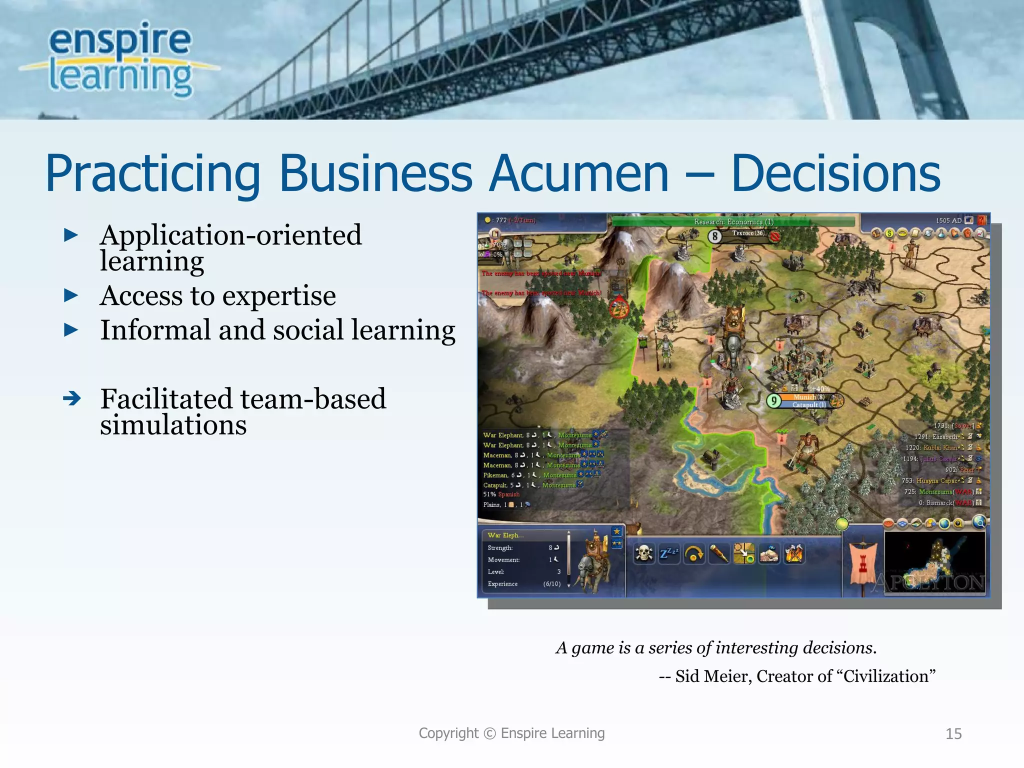 Practicing Business Acumen – Decisions  Application-oriented learning Access to expertise Informal and social learning Facilitated team-based simulations Copyright © Enspire Learning A game is a series of interesting decisions. --  Sid Meier, Creator of “Civilization” 