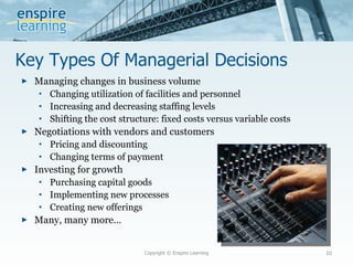 Key Types Of Managerial Decisions Managing changes in business volume Changing utilization of facilities and personnel Increasing and decreasing staffing levels Shifting the cost structure: fixed costs versus variable costs Negotiations with vendors and customers Pricing and discounting Changing terms of payment Investing for growth Purchasing capital goods Implementing new processes Creating new offerings Many, many more… Copyright © Enspire Learning 