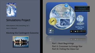 Simulations Project
Glass Systems| Brij Consulting, LLC |
Jean A. Marshall
Marking the Contingent Outcome
V3 Overcome Agile Constraint
V2 Task Analytics
V1 Stakeholder Approach
Part I: Root Beginnings
Part II: Crossover to Energy Star
Part III: Foiling the Glass Car
 