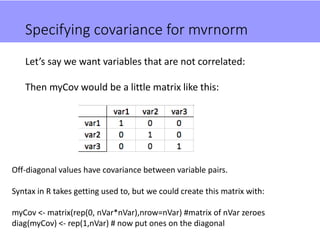 Specifying covariance for mvrnorm
Let’s say we want variables that are not correlated:
Then myCov would be a little matrix like this:
Off-diagonal values have covariance between variable pairs.
Syntax in R takes getting used to, but we could create this matrix with:
myCov <- matrix(rep(0, nVar*nVar),nrow=nVar) #matrix of nVar zeroes
diag(myCov) <- rep(1,nVar) # now put ones on the diagonal
 