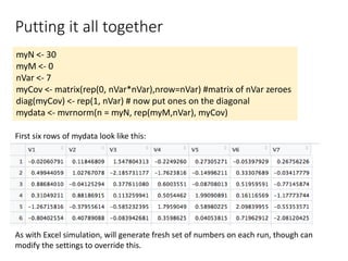 Putting it all together
myN <- 30
myM <- 0
nVar <- 7
myCov <- matrix(rep(0, nVar*nVar),nrow=nVar) #matrix of nVar zeroes
diag(myCov) <- rep(1, nVar) # now put ones on the diagonal
mydata <- mvrnorm(n = myN, rep(myM,nVar), myCov)
As with Excel simulation, will generate fresh set of numbers on each run, though can
modify the settings to override this.
First six rows of mydata look like this:
 