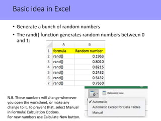 Basic idea in Excel
• Generate a bunch of random numbers
• The rand() function generates random numbers between 0
and 1:
N.B. These numbers will change whenever
you open the worksheet, or make any
change to it. To prevent that, select Manual
in Formula|Calculation Options.
For new numbers use Calculate Now button.
 