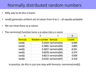 Normally distributed random numbers
• Nifty way to do this in Excel:
• rand() generates uniform set of values from 0 to 1 – all equally probable
• We can treat these as p-values
• The normsinv() function turns a p-value into a z-score
In practice, do this in just one step with formula: normsinv(rand())
 