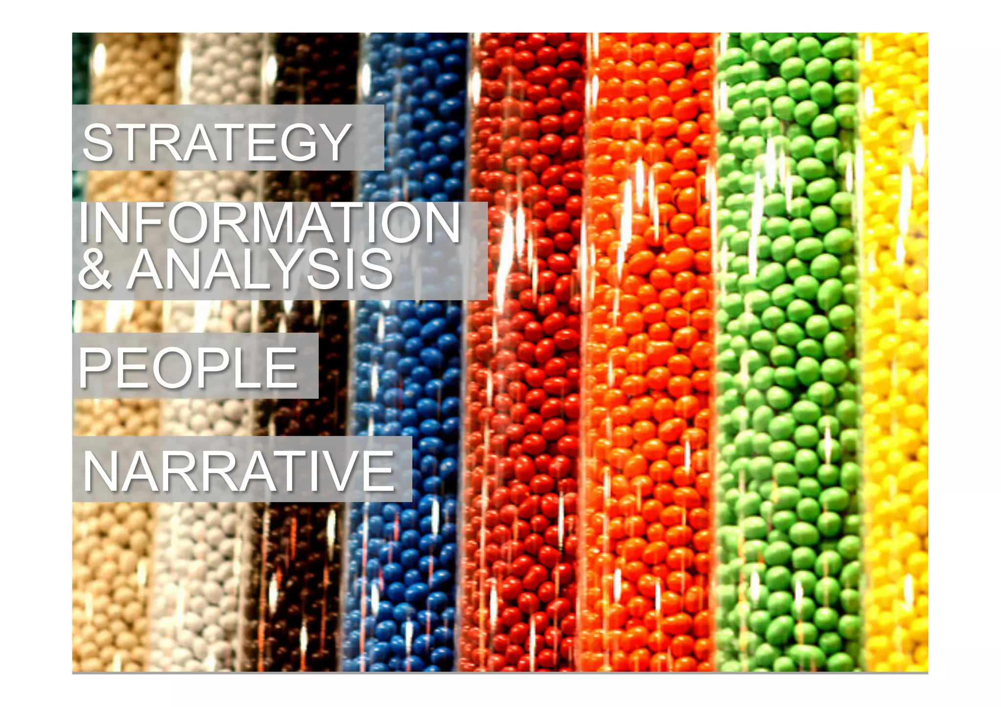 STRATEGY
INFORMATION
& ANALYSIS
PEOPLE
NARRATIVE
 