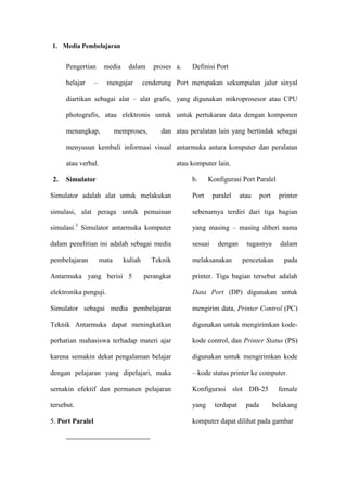 Sebuah komputer dapat dimanfaatkan sebagai pengendalian instrumen elektronika, jika ditambahkan rangkaian interface (perantara) I/O yang dihubungkan ke port paralel di sebuah PC yang digunakan. Pemakaian PC dan bahasa pemrograman visual basic sebagai pengendalian instrumen elektronika memiliki keunggulan yaitu pada PC dapat dibuat program tampilan dilayar komputer sehingga tampilan menjadi lebih menarik, yang akan memberikan panduan terhadap perangkat elektronika yang akan dikendalikan.