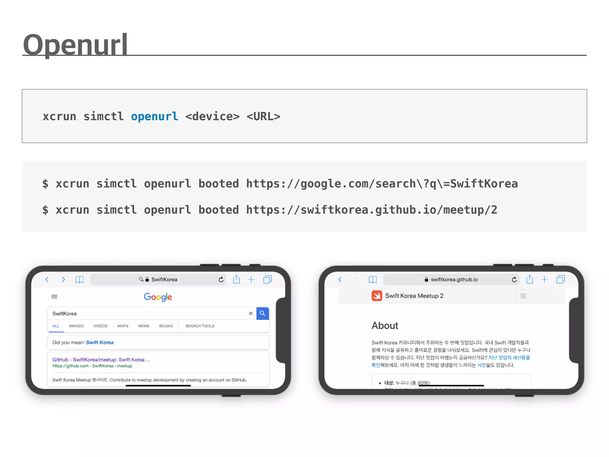 $ xcrun simctl openurl booted https://google.com/search?q=SwiftKorea
$ xcrun simctl openurl booted https://swiftkorea.github.io/meetup/2
xcrun simctl openurl <device> <URL>
 
