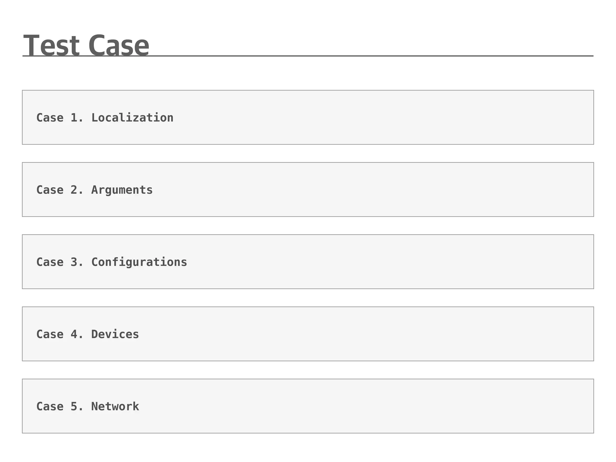 Case 1. Localization
Case 4. Devices
Case 5. Network
Case 2. Arguments
Case 3. Configurations
 
