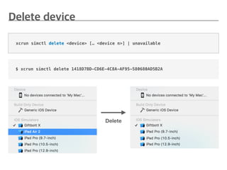 xcrun simctl delete <device> [… <device n>] | unavailable
$ xcrun simctl delete 1418D7BD-CD6E-4C8A-AF95-580680AD5B2A
Delete
 