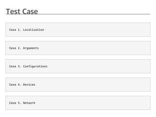 Case 1. Localization
Case 4. Devices
Case 5. Network
Case 2. Arguments
Case 3. Configurations
 