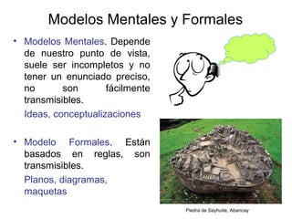 Modelos Mentales y Formales
• Modelos Mentales. Depende
de nuestro punto de vista,
suele ser incompletos y no
tener un enunciado preciso,
no son fácilmente
transmisibles.
Ideas, conceptualizaciones
• Modelo Formales. Están
basados en reglas, son
transmisibles.
Planos, diagramas,
maquetas
Piedra de Sayhuite, Abancay
 