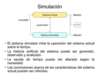Simulación
• El sistema simulado imita la operación del sistema actual
sobre el tiempo.
• La historia artificial del sistema puede ser generado,
observado y analizado.
• La escala de tiempo puede ser alterado según la
necesidad.
• Las conclusiones acerca de las características del sistema
actual pueden ser inferidos.
Sistema Actual
Sistema Simulado
parámetros
entrada(t)
salida(t)
=??
salida(t)
 