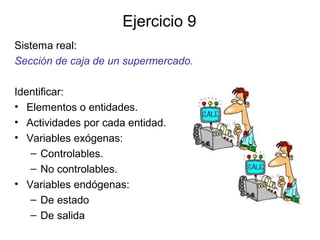 Ejercicio 9
Sistema real:
Sección de caja de un supermercado.
Identificar:
• Elementos o entidades.
• Actividades por cada entidad.
• Variables exógenas:
– Controlables.
– No controlables.
• Variables endógenas:
– De estado
– De salida
 