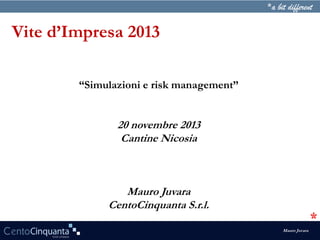 Vite d’Impresa 2013
“Simulazioni e risk management”

20 novembre 2013
Cantine Nicosia

Mauro Juvara
CentoCinquanta S.r.l.
Mauro Juvara

 
