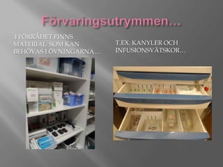 I FÖRRÅDET FINNS
MATERIAL SOM KAN
BEHÖVAS I ÖVNINGARNA…

T.EX. KANYLER OCH
INFUSIONSVÄTSKOR…

 