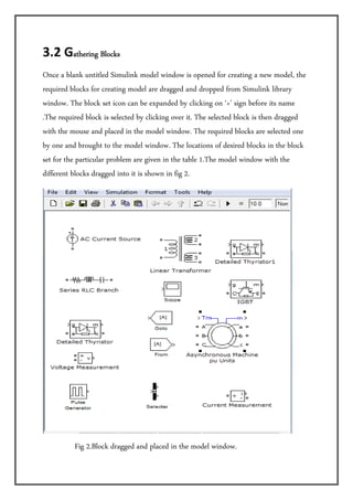 3.2 Gathering Blocks         

Once a blank untitled Simulink model window is opened for creating a new model, the
required blocks for creating model are dragged and dropped from Simulink library
window. The block set icon can be expanded by clicking on ‘+’ sign before its name
.The required block is selected by clicking over it. The selected block is then dragged
with the mouse and placed in the model window. The required blocks are selected one
by one and brought to the model window. The locations of desired blocks in the block
set for the particular problem are given in the table 1.The model window with the
different blocks dragged into it is shown in fig 2.




                                                                                   
                 Fig 2.Block dragged and placed in the model window.
 