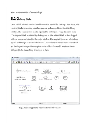 Vm = maximum value of source voltage.

5.2 Gathering Blocks         

Once a blank untitled Simulink model window is opened for creating a new model, the
required blocks for creating model are dragged and dropped from Simulink library
window. The block set icon can be expanded by clicking on ‘+’ sign before its name
.The required block is selected by clicking over it. The selected block is then dragged
with the mouse and placed in the model window. The required blocks are selected one
by one and brought to the model window. The locations of desired blocks in the block
set for the particular problem are given in the table 1.The model window with the
different blocks dragged into it is shown in fig 2.
 




                                                                                           
                 Fig 2.Block dragged and placed in the model window.

 
 