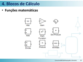 4. Blocos de Cálculo
• Funções matemáticas
Curso de MATLAB Avançado e Simulink 10
 