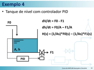 Exemplo 4
• Tanque de nível com controlador PID
Curso de MATLAB Avançado e Simulink 15
F0
F1
A, h
dh/dt = F0/A – F1/A
H(s) = (1/As)*F0(s) – (1/As)*F1(s)
dV/dt = F0 - F1
PID
 