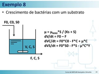 Exemplo 8
• Crescimento de bactérias com um substrato
Curso de MATLAB Avançado e Simulink 23
F0, C0, S0
F, C, S
V, C, S
μ = μMAX*S / (Ks + S)
dV/dt = F0 – F
dVC/dt = F0*C0 - F*C + μ*C
dVS/dt = F0*S0 - F*S - μ*C*Y
 