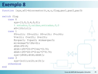 Exemplo 8
function [sys,x0]=biorreator(t,x,u,flag,par1,par2,par3)
switch flag
case 0
sys=[3,0,3,4,0,0];
% estados,0,saídas,entradas,0,0
x0=[10;1;1];
case 1
F0=u(1); C0=u(2); S0=u(3); F=u(4);
V=x(1); C=x(2); S=x(3);
Ks=par1; Y=par2; mimax=par3;
mi=mimax*S/(Ks+S);
dVdt=F0-F;
dCdt=(F0*C0-F*C+mi*C)/V;
dSdt=(F0*S0-F*S-mi*C*Y)/V;
sys=[dVdt;dCdt;dSdt];
case 3
sys=[x(1);x(2);x(3)];
otherwise
end
Curso de MATLAB Avançado e Simulink 25
 