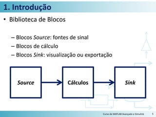 1. Introdução
• Biblioteca de Blocos
– Blocos Source: fontes de sinal
– Blocos de cálculo
– Blocos Sink: visualização ou exportação
Curso de MATLAB Avançado e Simulink 5
Source Cálculos Sink
 