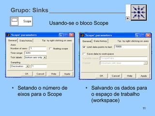 Grupo: Sinks

               Usando-se o bloco Scope




• Setando o número de        • Salvando os dados para
  eixos para o Scope           o espaço de trabalho
                               (workspace)
                                                   11
 