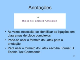 Anotações



• Às vezes necessita-se identificar as ligações em
  diagramas de bloco complexos
• Pode-se usar o formato do Latex para a
  anotação
• Para usar o formato do Latex escolha Format 
  Enable Tex Commands
                                                 31
 