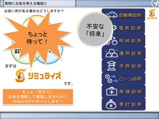 真剣にお金を考える機会に
銀行
保険証券
もっと「自分で」
お金を理解して実践しませんか？
FP＆AFGがサポートします！
お金に用がある場合はどうしますか？
あなたの
人生は
満点
です！
不安な
「将来」ちょっと
待って！
まずは
です。
 