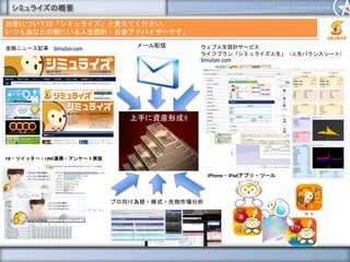 シミュライズの概要
メール配信
FB・ツイッター・LINE連携・アンケート実施
プロ向け為替・株式・先物市場分析
お金については「シミュライズ」と覚えてください。
いつもあなたの側にいる人生設計・お金アドバイザーです。
金融ニュース記事 ウェブ人生設計サービス
ライフプラン「シミュライズ人生」（人生バランスシート）
上手に資産形成‼
iPhone・iPadアプリ・ツール
 